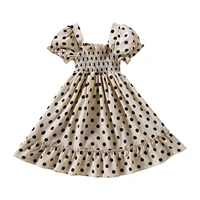 summer polka dot dress sundress kids girls vintage casual puff short sleeve square neck ruched ruffle dress for beach daily wear