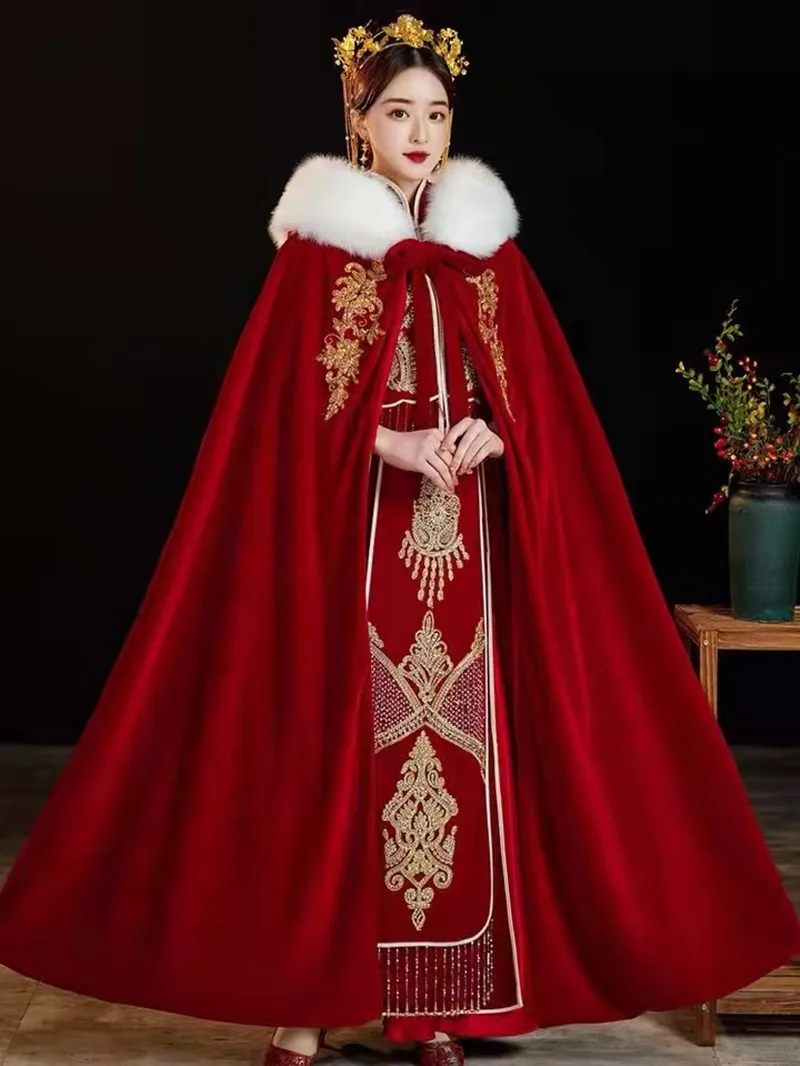 

Зимняя теплая плотная накидка Hanfu 2022, Женская традиционная бархатная накидка в китайском стиле с вышивкой, Женский костюм для косплея Hanfu, красный