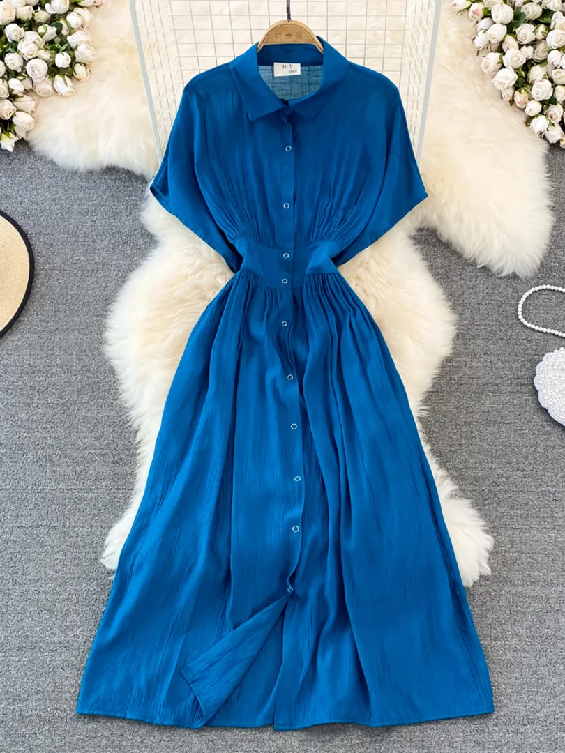 

2022 Summer Women Shirt Dress Solid Turn down Collar Batwing Sleeve Single Breasted A-line Casual Female Midi Dress Robe Femme