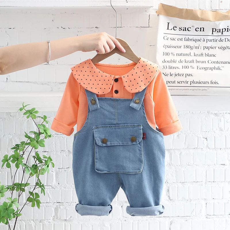 

New Toddler Girls Clothing Spring Autumn Children Fashion Denim Rompers Outfits Baby Dot Doll Collart+ Wing Pants Girls Clothes