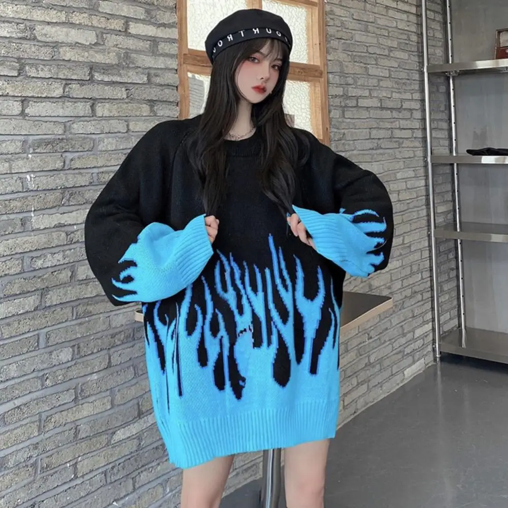 Useful Loose Sweater Casual Blue Flame  Color Matching Knitted Pullover