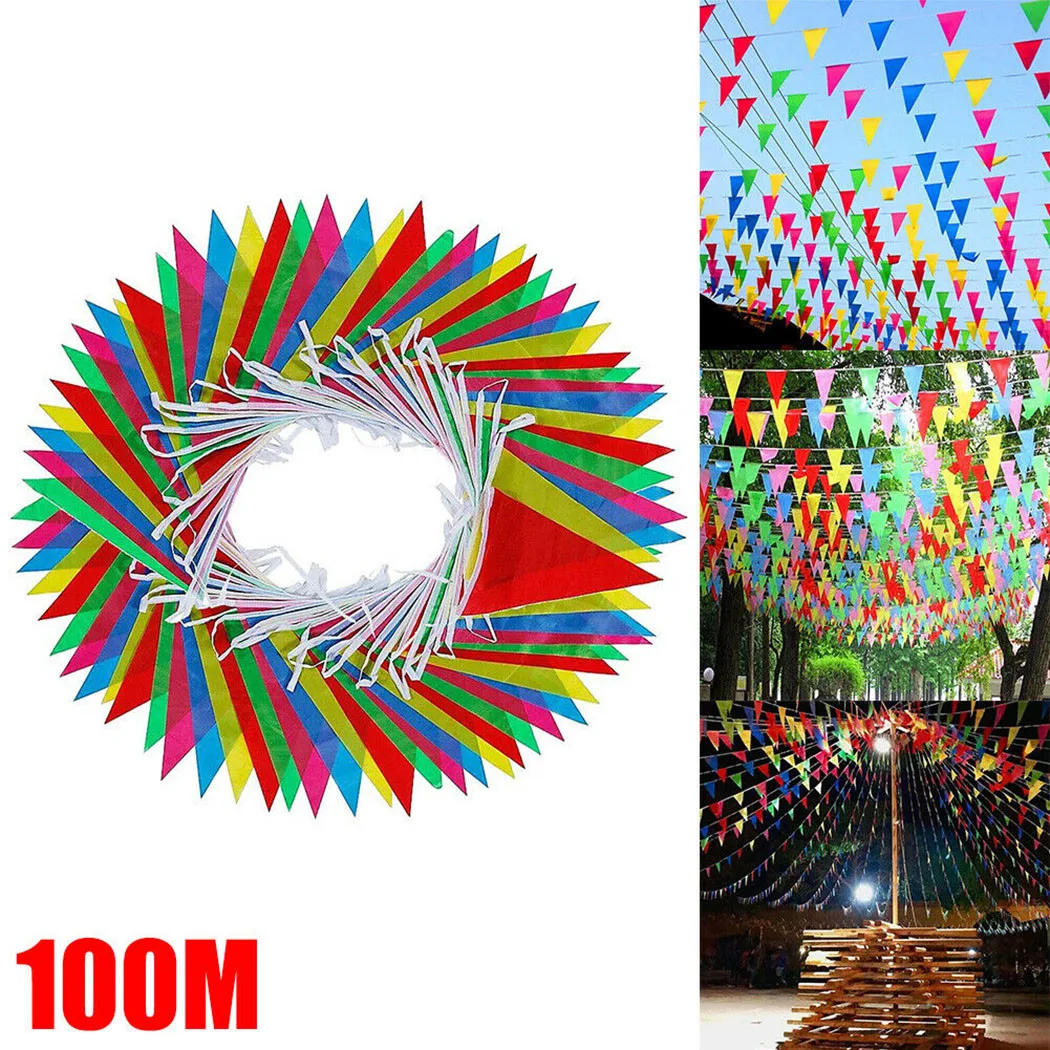

100M Multicolored Triangle Flags Bunting Banner Pennant Party Festival Outdoor Kindergarten Home Garden Wedding Decor