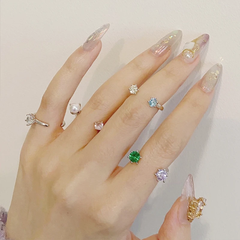 

New Trendy Crystal Claws Pearl Elegant Open Colorful Rings for Women Girls Cubic Zirconia Female Wedding Jewelry