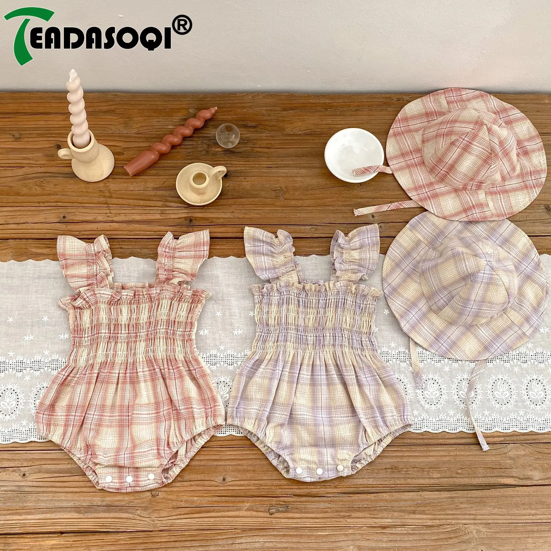 

Fashion Bodysuit+hat Perfect Plaid Ruched One-Piece Overalls Fly Sleeves for Newborns Infants - Kids Baby Cotton Summer Outfit