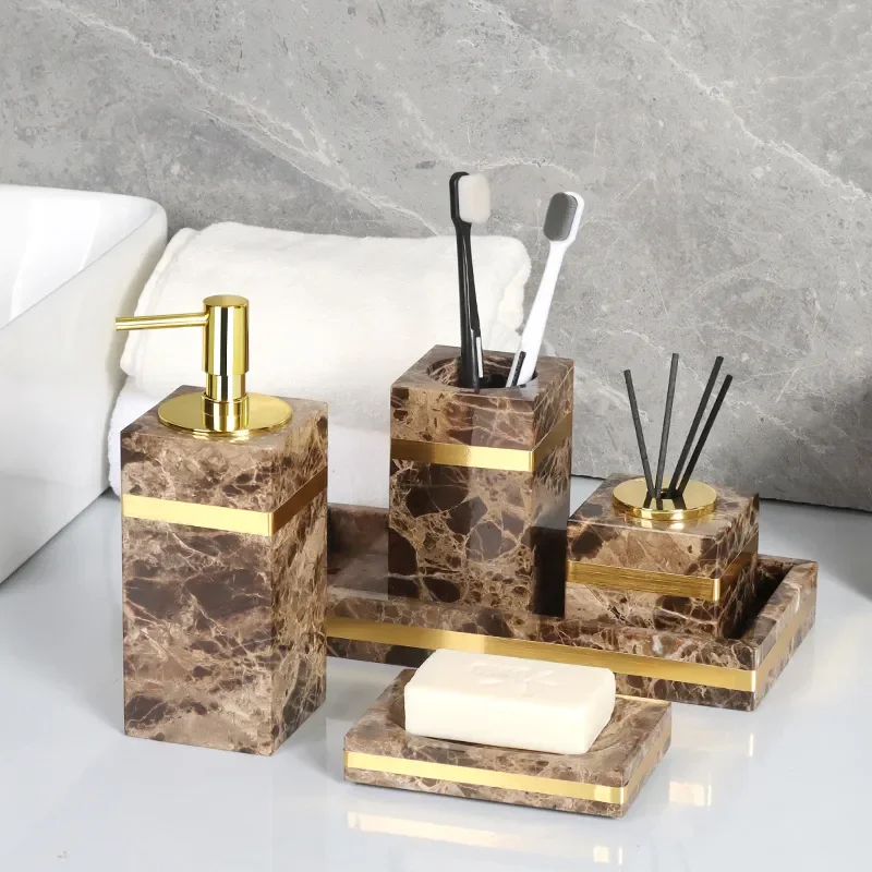 

Dark Emperador Natural Marble Set for Bathroom Luxury Golden Cotton Swabs Container Soap Dispenser Bathroom Accessories