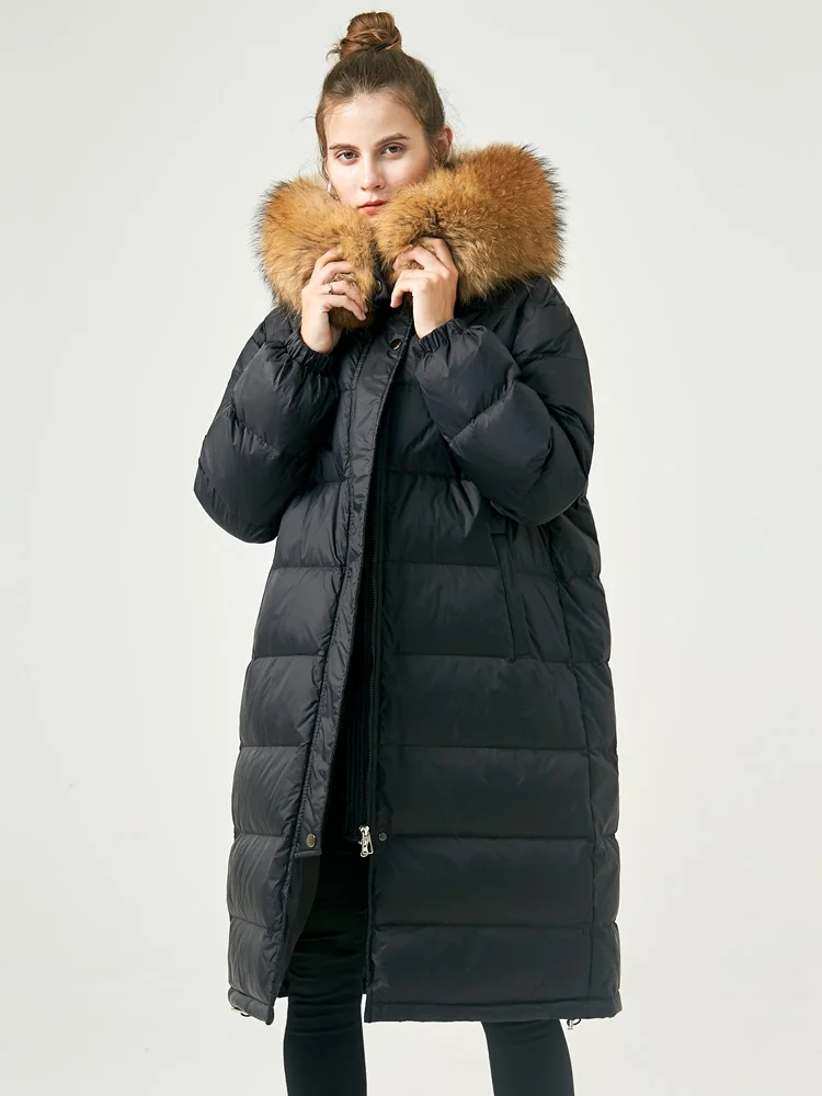 Janveny Large Real Fur Hooded Long Feather Puffer Jacket Women's Winter Waterproof 90% Duck Down Coat Fluffy Warm Female Parkas