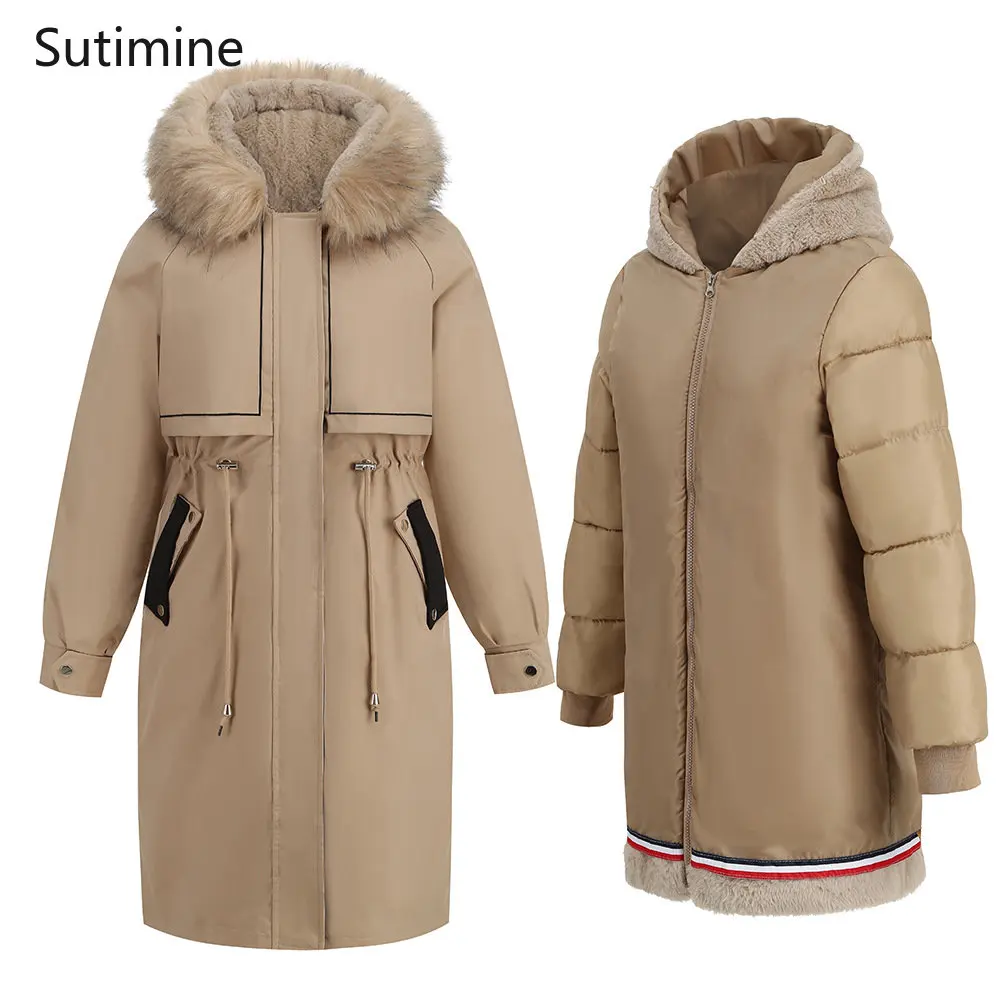 Black Winter Coat for Women England Style Parkas Thermal Coat Fur Collar Clip Down Two-piece Set Women's Winter Jacket