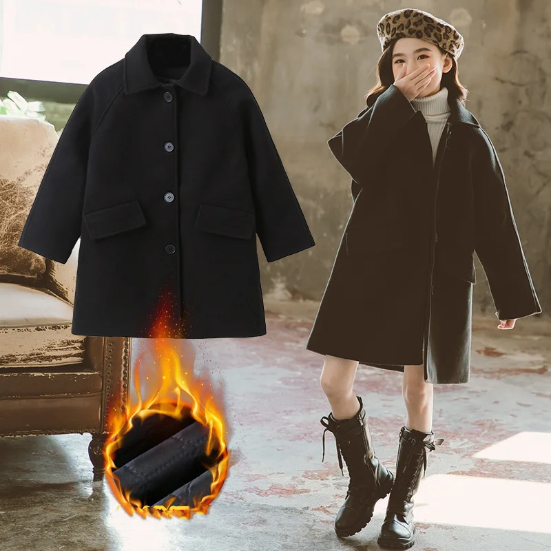 

Girls Woolen Coat Jacket Outwear 2022 Black Warm Plus Thicken Spring Autumn Cotton Overcoat Teenager Tops School Children's Clot