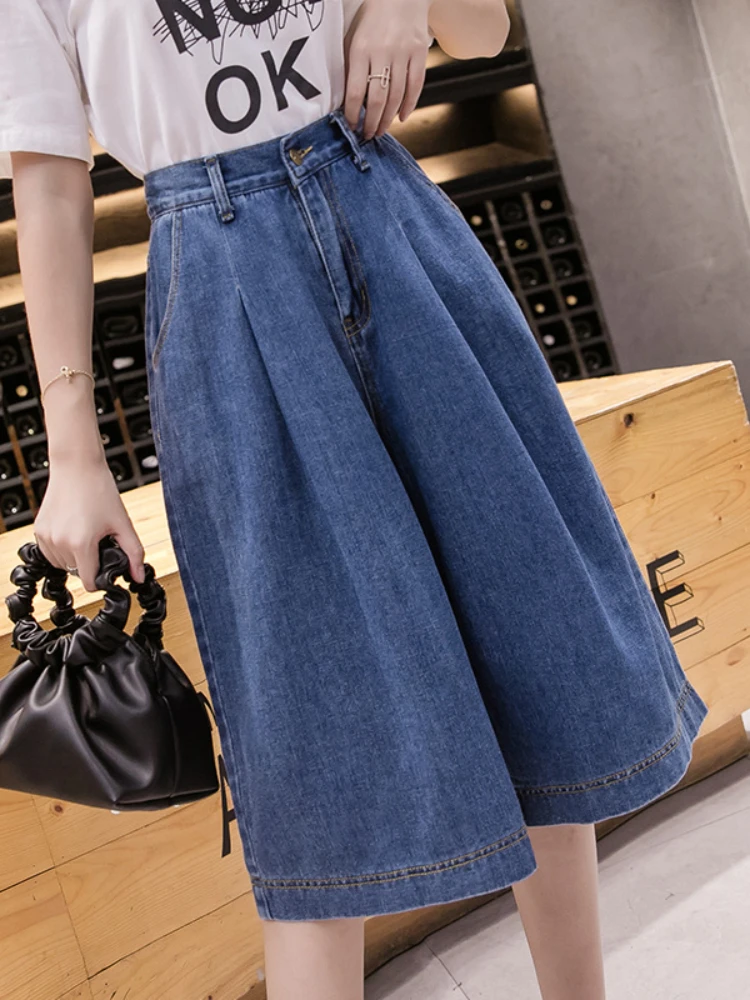 

2022 Summer New Women's Five-point Jeans Fashion Temperament Commuter High Waist Wide Legs Loose Casual Washed Denim Shorts