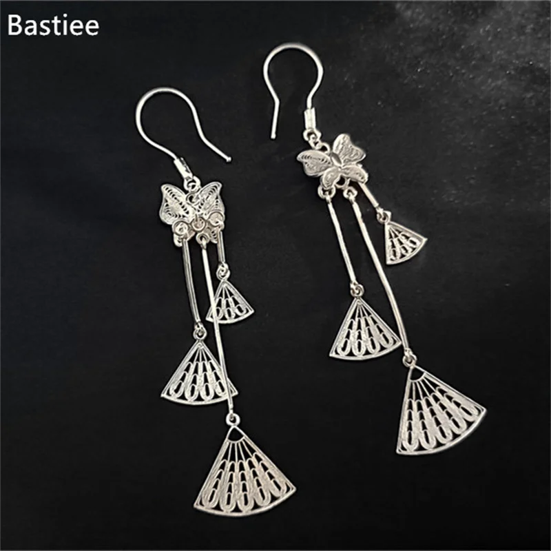 Bastiee S999 Brushed Silver Earrings for Women Antique Butterfly Long Eardrop Hanfu Accessories from China Hmong Handicrafts