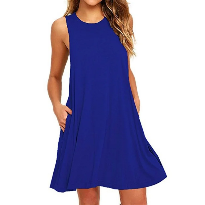 

With Pocket Solid Color Sleeveless Loose Dress Women O Neck Mini Causal Dress Office Vestidos