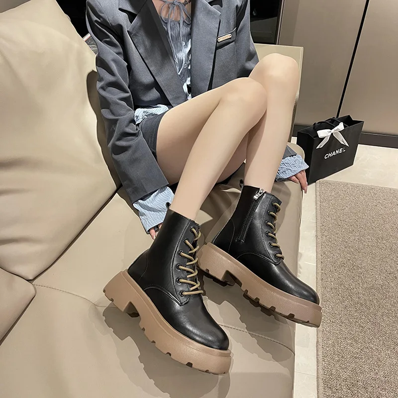 

Fashion Women Short Boots PU Thick Platform Autumn Winter Shoes Solid Motorcycle Boots Pumps For Office Shoes Female Ankle Boots