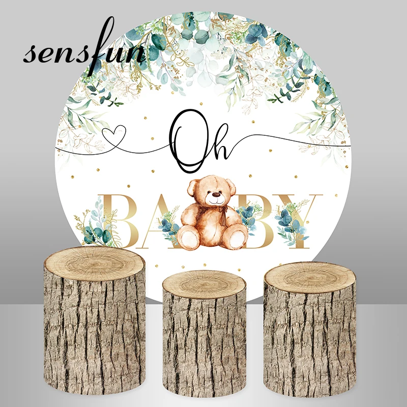 

Bear Oh Baby Theme Round Backdrop Cover Green Leaves Kids Newborn Baby Shower 1st Birthday Party Background Wood Plinth Covers