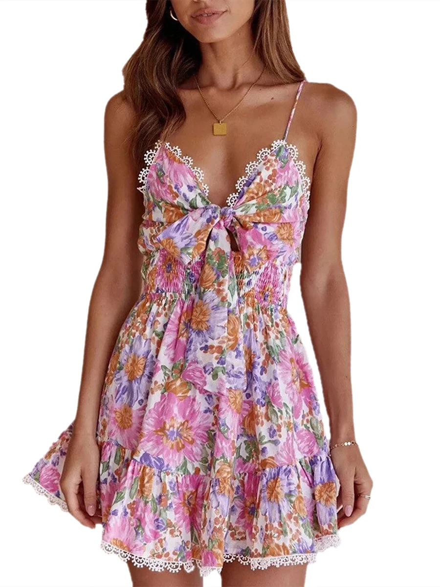 

Floral Print Lace Patchwork Mini Dress with Spaghetti Straps and Tie-up Detail for Women s Summer Wardrobe