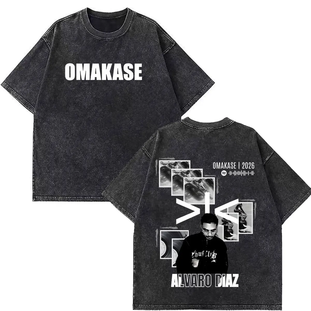 Фото Футболки Alvaro Diaz Omakase Album 2026 Tour Merch: мужские и женские, в стиле хип-хоп, повседневные, свободного кроя, из хлопка, винтажные, с эффектом потертости, уличная одежда №3