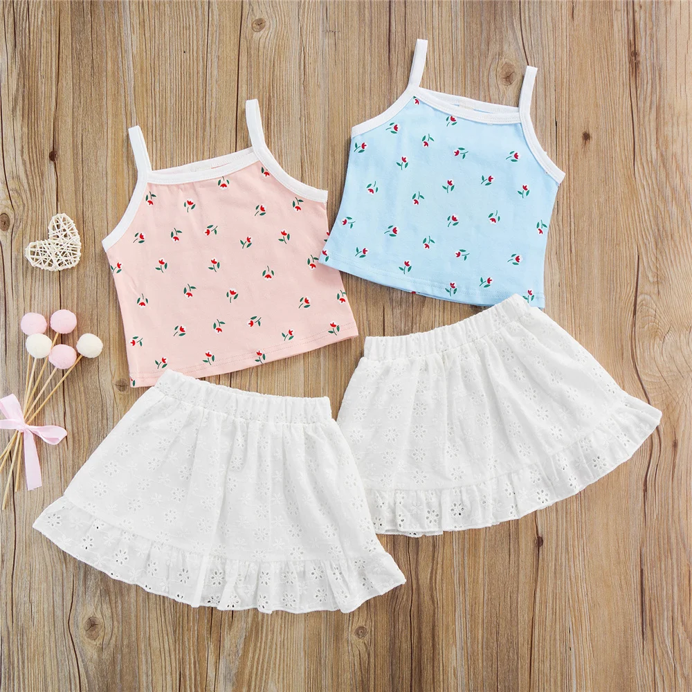 

Summer Newborn Baby Girls Casual Sweet Clothes Sets Toddler Kids Floral Print Sleeveless Tank Top Elastic Waist White Lace Skirt