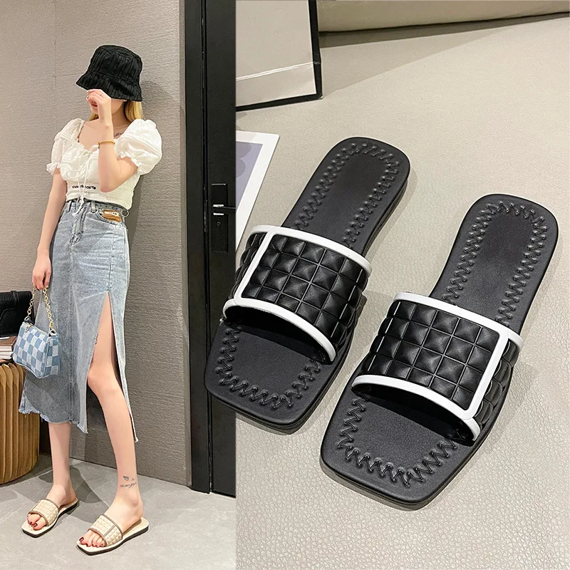 

Retro Square Head Color Matching Open Toe Slippers Summer Fashion Korean Style Fairy Flat Beach Slides Diamond One Word Slippers