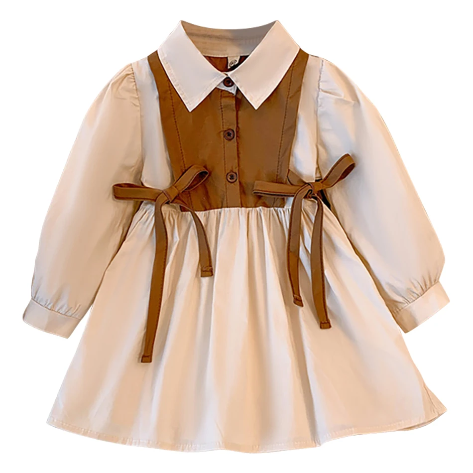na moda jesienna dla małej dziewczynki z długim rękawem i kokardką kołnierzykiem swobodna koszula sukienka dzieci elegancki formalny strój