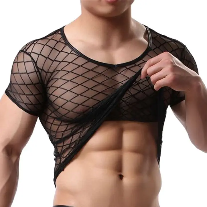CLEVER-MENMODE Mens Mesh Tops Sports Sheer Lingerie Slim Fit Gym Transparent T-shirt Top Clubwear Sexy Fish Net Tee T Shirt