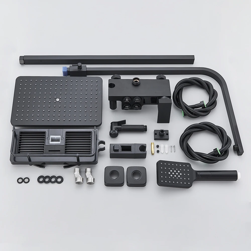 Черный Термостатический смеситель для душа большой кран Водопад ванны с полкой