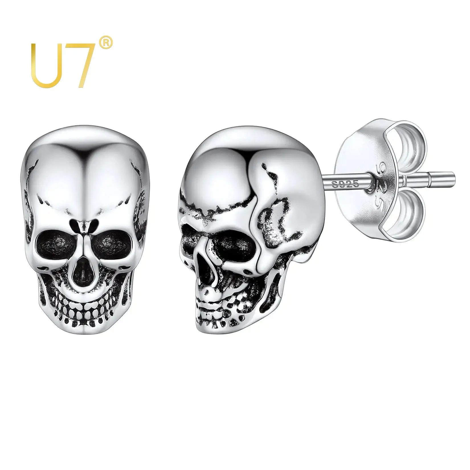 

U7 Skull Stud Earrings 925 Sterling Silver Gothic Skeleton Jewelry Punk Hip Hop Small Earrings for Women Men Halloween Gifts