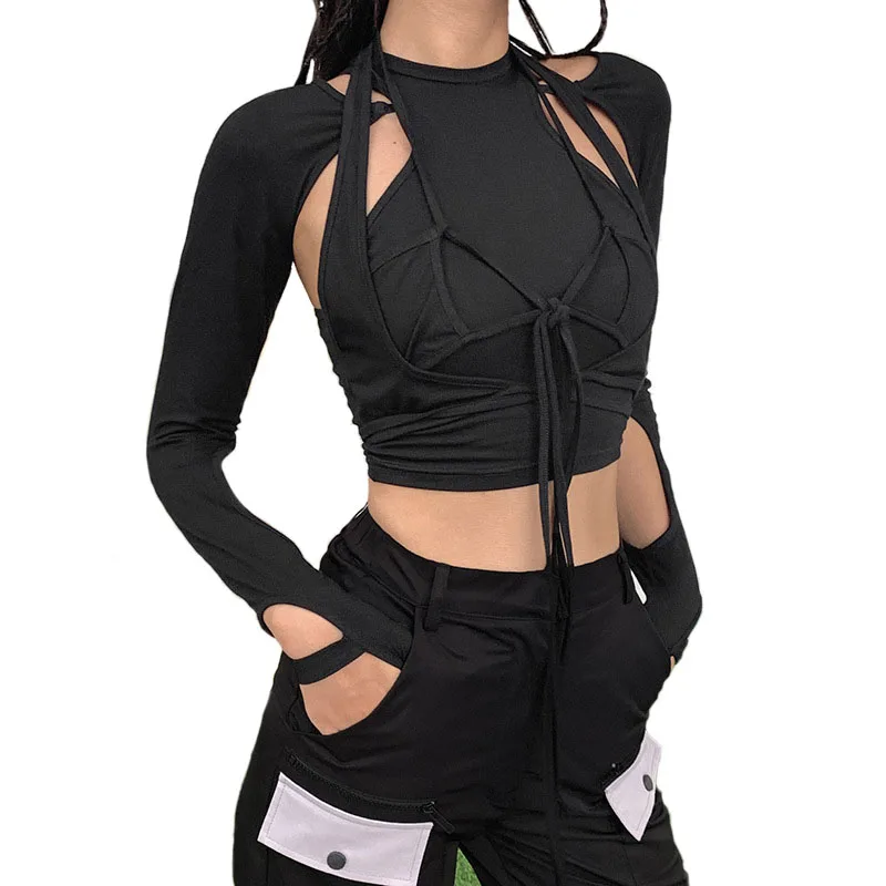 

Футболка с длинным рукавом и поясом, облегающий сексуальный топ с имитацией двух предметов, женская уличная одежда