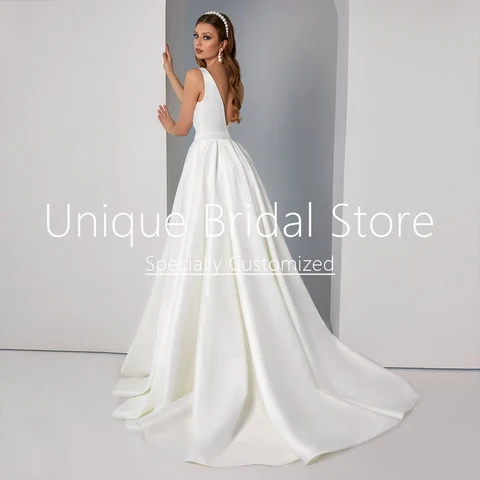 Wedding Dresses for Women V-Neck Sexy High Quality Sash Satin Draped Sleeveless A-line 2023 New White Robe De Mariee Bridal Gown