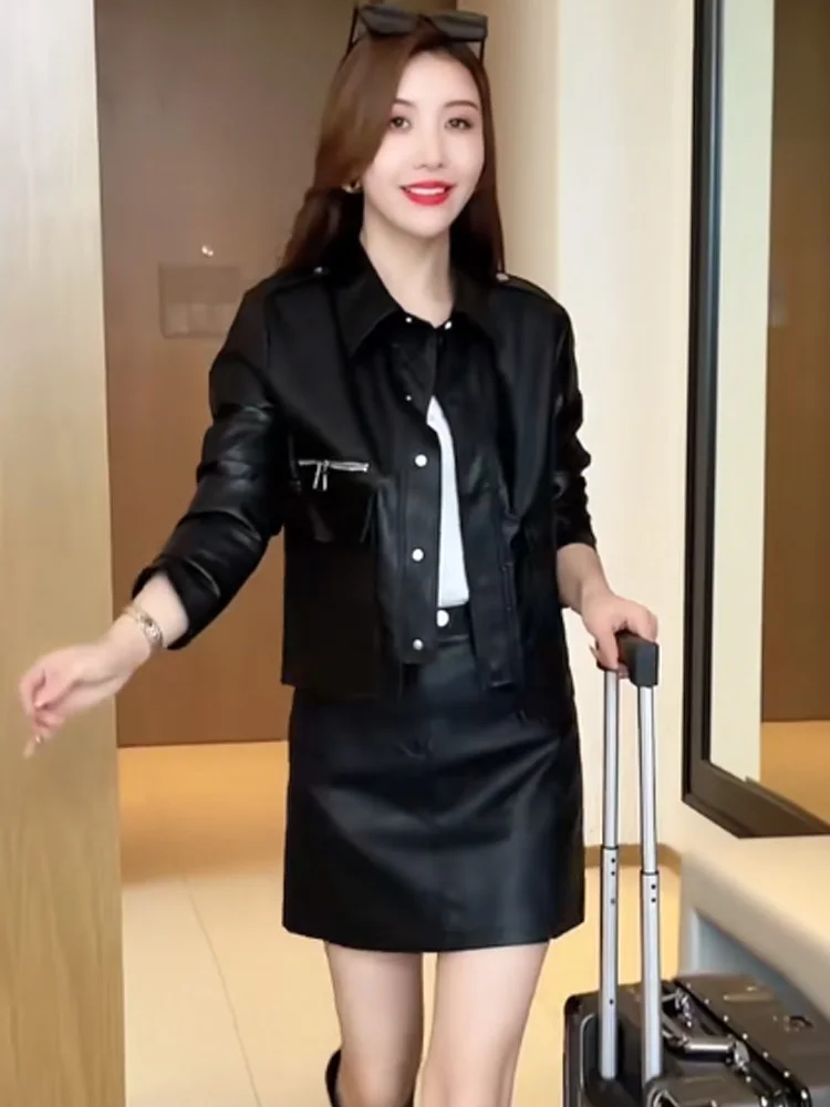 Кожаное пальто маленькое ранняя осень 2023 одежда новая мода популярное короткое