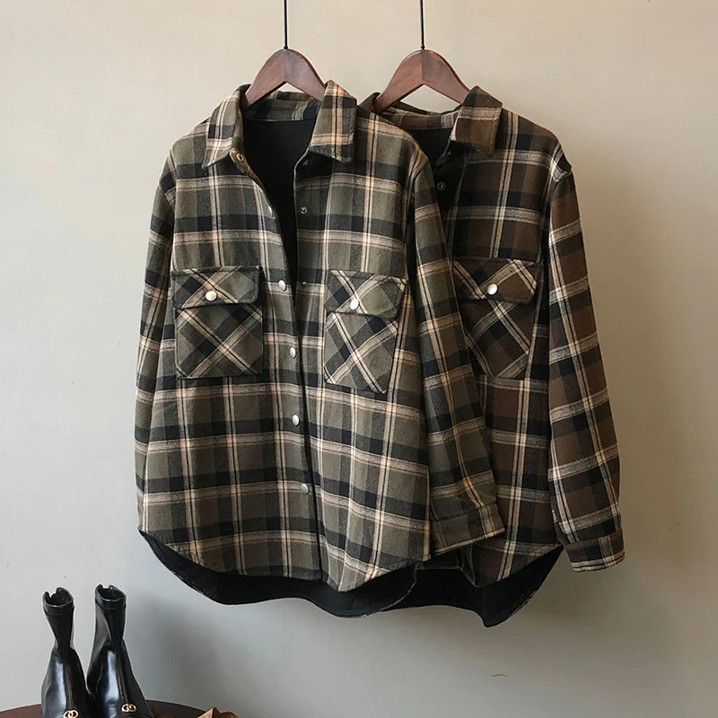 

2022 Winter Women's Shirt Plaid Plush Thickened Retro Color Contrast Warm Long Sleeve Casual