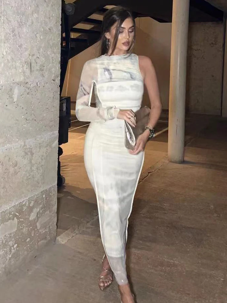 

PUWD Women Fashion Beige Asymmetrical Tulle Printed Dress 2023 Spring Vintage O Neck Back Zipper Female Dress Mujer