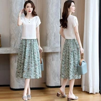 two piece sets women 2022 summer floral print skirts and short sleeve white tops 2pcs set female korean casual skirt suit e52