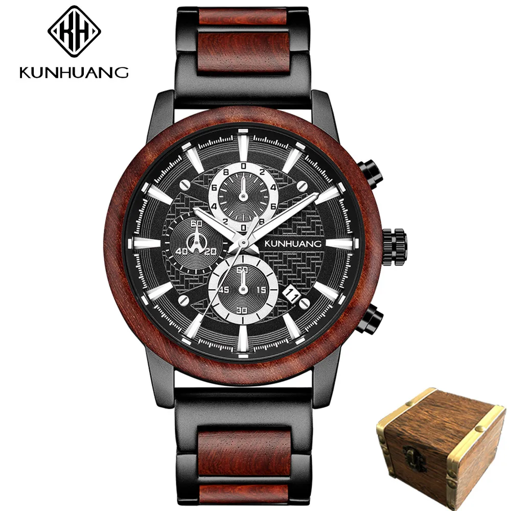 

KUNHUANG Luxury Wood Stainless Steel Men Watch Stylish Wooden Timepieces Chronograph Quartz Watches relogio masculino Gift Man