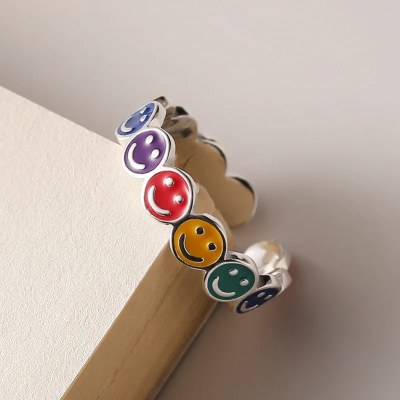 Silvology Real 925 Sterling Silver Rainbow Colorful Smile Ring for Women Drop Glaze Cute Positive Energy Decompress Jewelry Gift