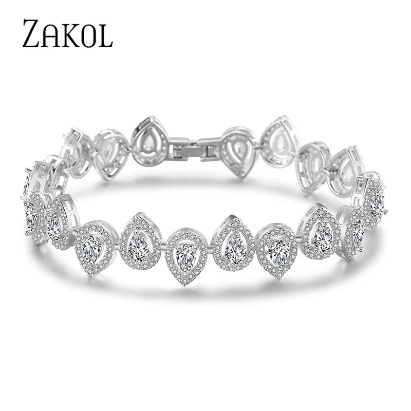 

ZAKOL Luxury Water Drop Chain Link Bracelet for Women Ladies Shining AAA Cubic Zircon Crystal Jewelry Gift FSBP2033