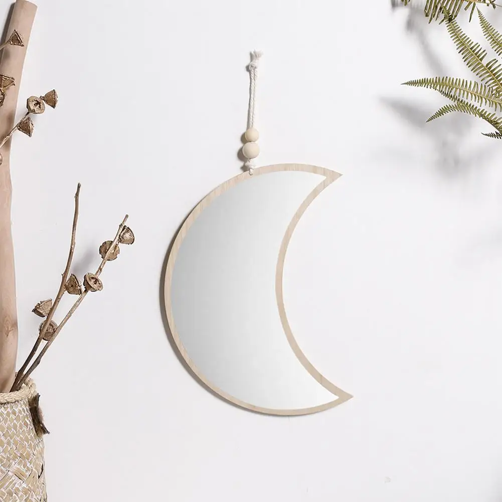 

Wall Pendant Moon Shape Mirror Stable Wooden Phase Wall Decorative Mirrors Decor for Bedroom