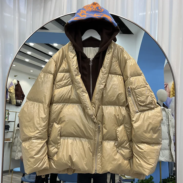 

2022 New Winter Women's Short Down Jacket Hooded Warm Parka Fake Two Puffer Coat Female Loose Overcoat Snow Outwear F388