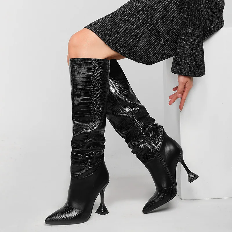 Sexy Women Solid Color Long Boots Thin Heel Microfiber Pointed Toe Shoes Female High Heel Pleated Zipper-Sid Punk Boots Female