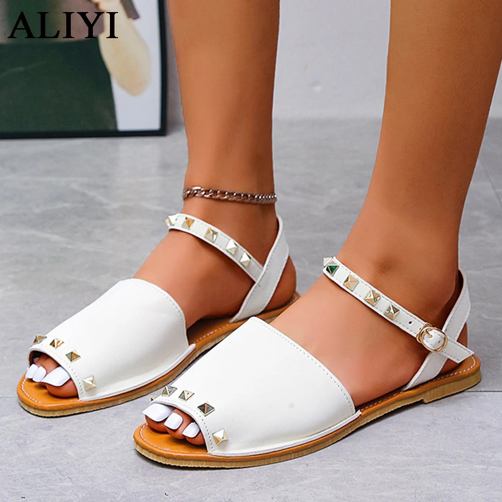 

Sandals Women Summer 2022 New Open Toe Ladies Rivet Buckle Casual Shoes 36-43 Large-Sized Home Beach Flat Sandals