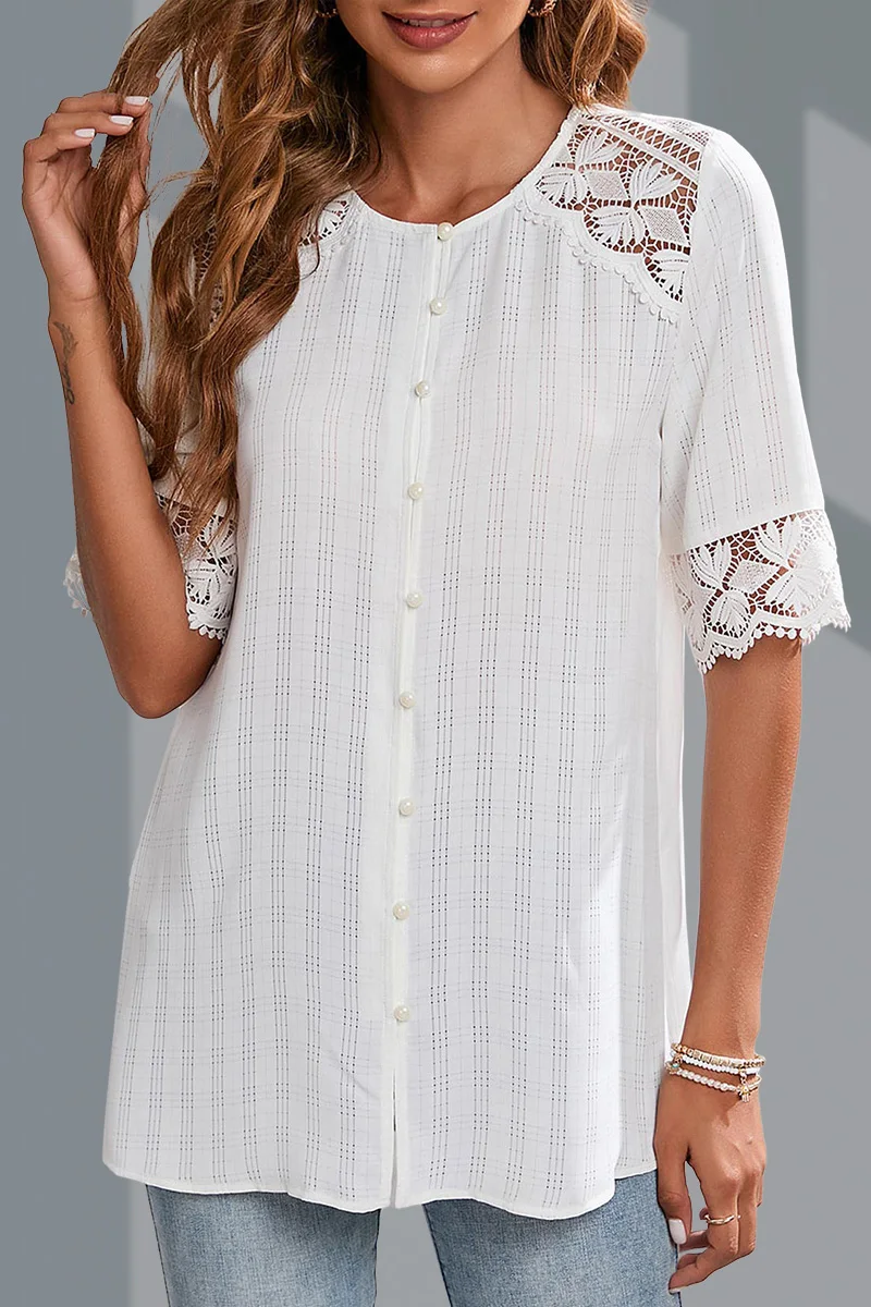 

Модная женская летняя шифоновая блузка с кружевной строчкой и пуговицами, футболка с круглым вырезом и коротким рукавом, топы, Женский Белый офисный Топ