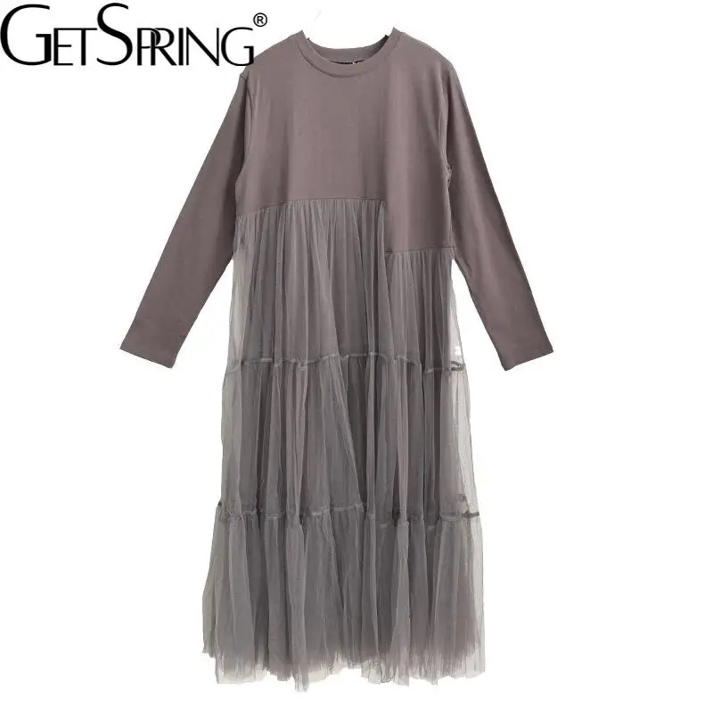 

GetSpring женское платье с круглым вырезом и длинным рукавом, Сетчатое кружевное строченное длинное платье с имитацией двух частей, Модные своб...