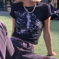 6 style cropped navel retro punk gothic print t shirt women o neck y2k style cropped top black streetwear short sleeve t shirt