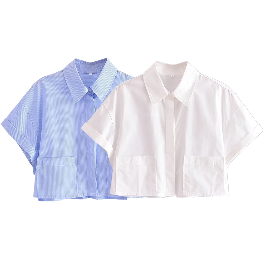 

Maxdutti High Street Girls Pocket Trim Blouse Ladies Poplin Short Shirt Fashion Casual Top Women Summer