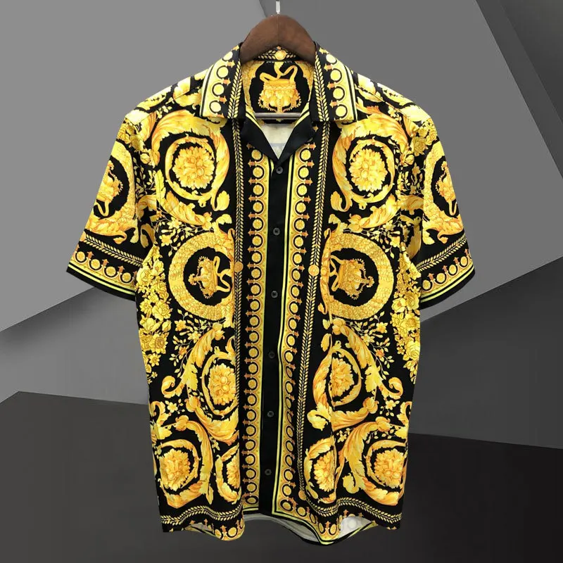 

2023 Luxury Black Gold Full Gold Flower Shirt Men Casual Shirt Camisa Masculina Slim Triangle Print Shirt Dress Men Short Sleeve
