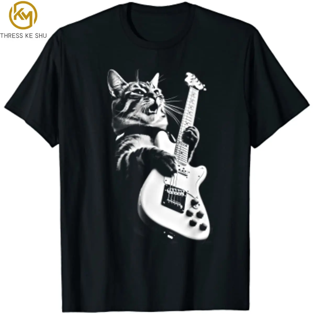 

Футболка мужская оверсайз в стиле хип-хоп, хлопковая тенниска с забавным принтом рок-кота, играющего на гитаре, на все сезоны