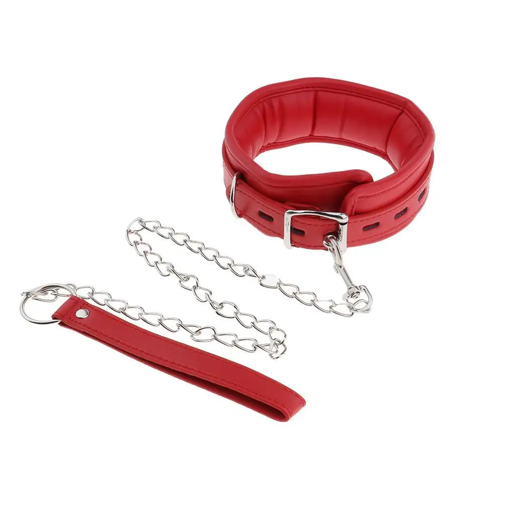 

Adjustable Pad Leather Collar Choker with Chain Detachable Leash Red