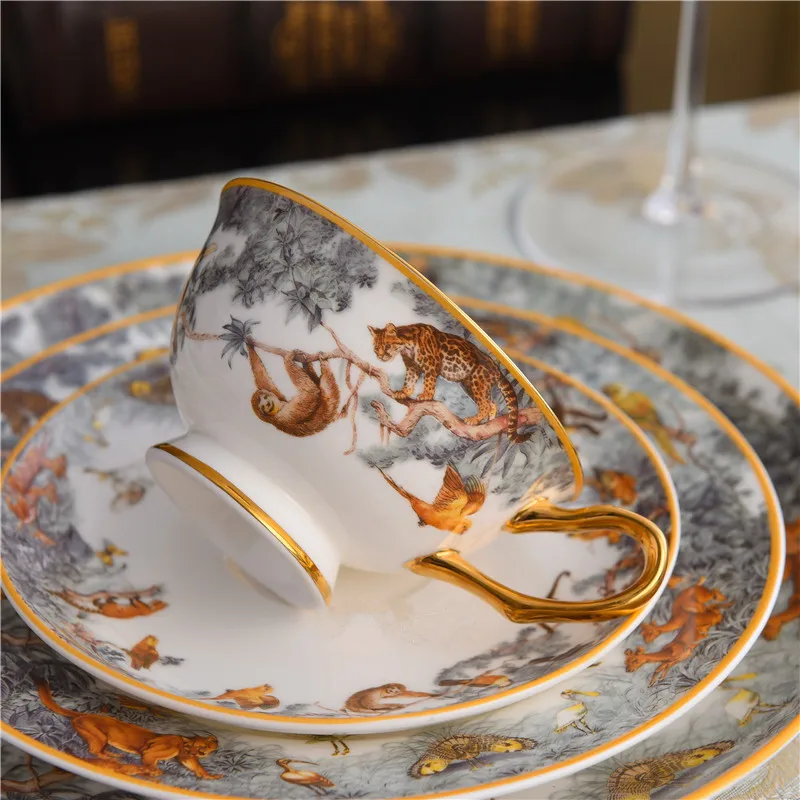 

European Bone China Steak Plate Model Room Equator Jungle Series Coffee Cup Set Afternoon Tea Cup Household Dinnerware Set