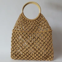bohemian hollow woven women handbags cotton rope net bag summer handmade straw bags for women bamboo handle beach woman hand bag