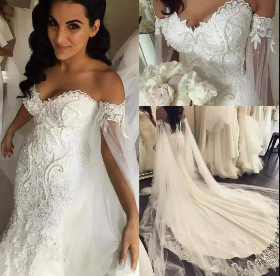

African Mermaid Wedding Dresses Off Shoulder Lace Appliques Pearls Plus Size Open Back Chapel Train Vestido Formal Bridal Gowns