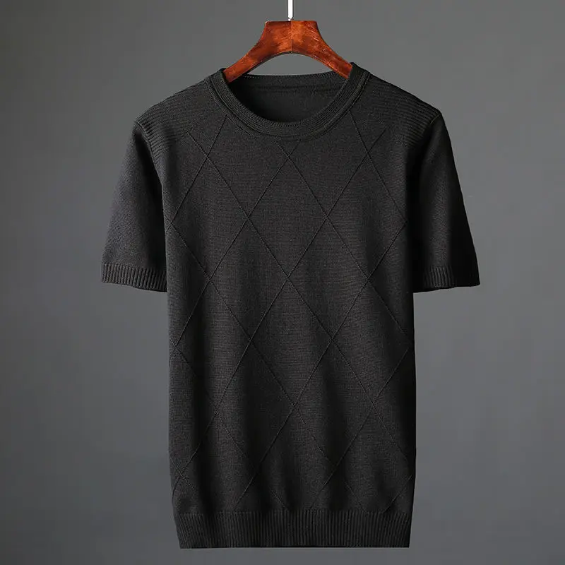 

Мужская Весенняя мода 2022, однотонные вязаные футболки с коротким рукавом, мужской свитер с круглым вырезом, футболки, мужской размер, Свобод...