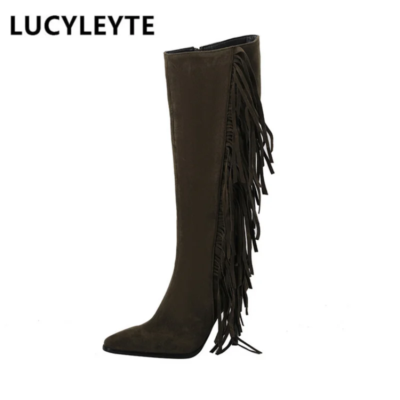 

2022 Women's Autumn and Winter New European and American Fashion Fringed Stiletto Side Zipper Square Toe Knee Boots